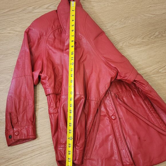 Wilson Red Leather Jacket Womens Size Medium Two Button Waistband Tie READ - Picture 10 of 15